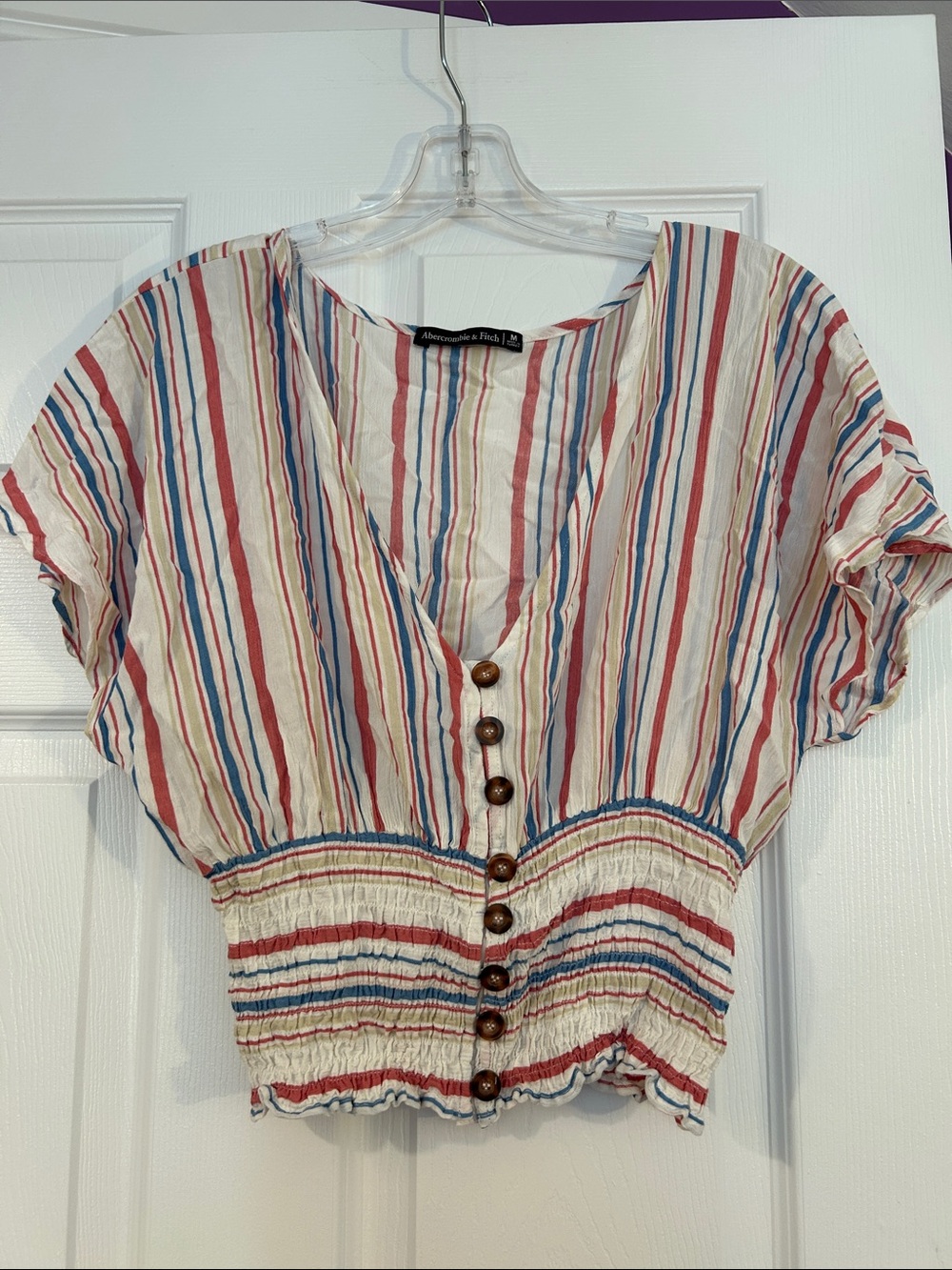 Abercrombie & Fitch Striped Cropped Button-Front Top - Red/Blue/Cream